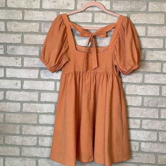 Mable One Kiss Away Peach Square Neck Puff Sleeve Babydoll Mini Dress size S - Picture 9 of 13